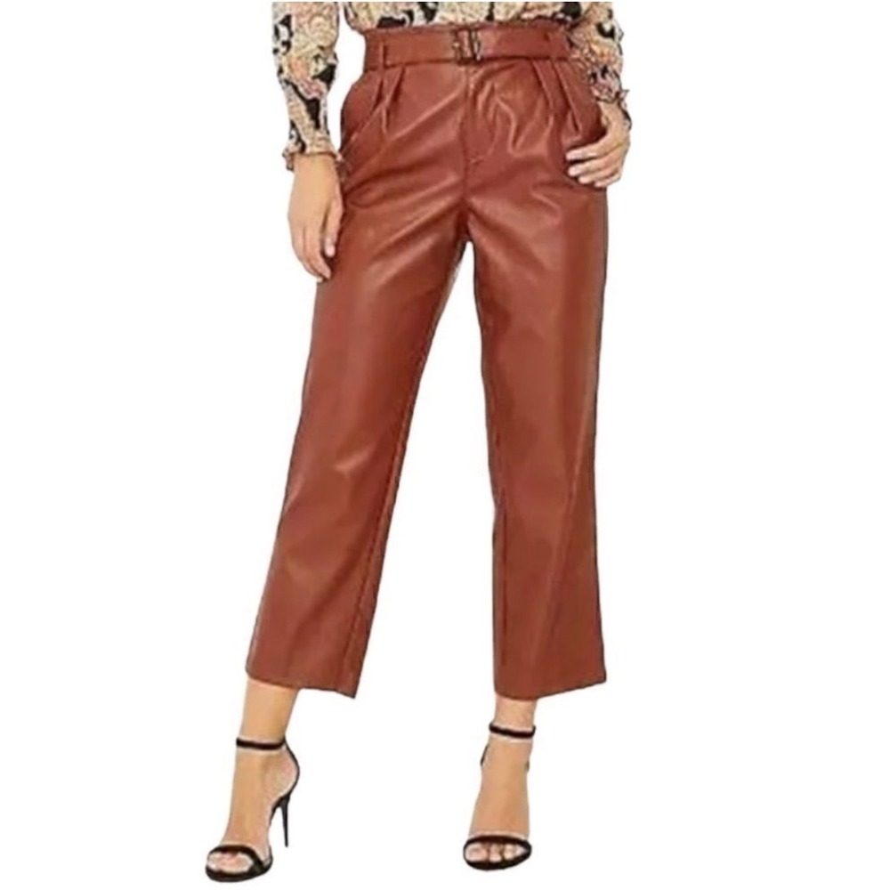 Who What Wear Womens Burgundy Faux Leather Belted Pleated‎ Pants Size 4